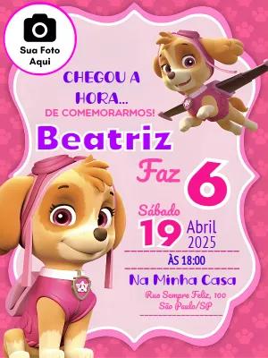 Convite de Aniversário Skye Patrulha Canina com Foto para Editar