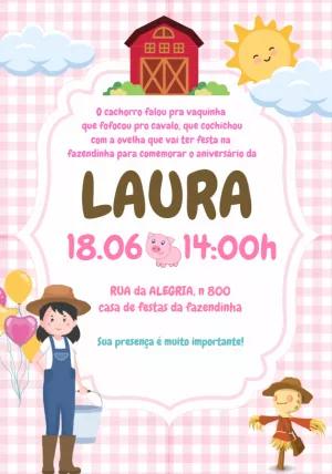 Convite Aniversário Fazendinha Rosa com Menina para Editar