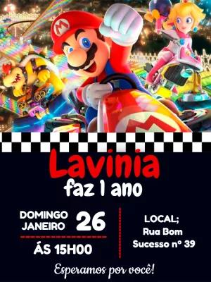 Convite Aniversário Mario Kart com Personagens para Editar Online
