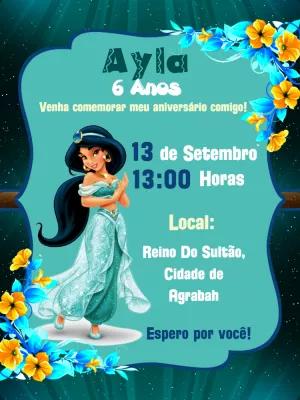 Convite de Aniversário Jasmine com Princesa para Editar Online