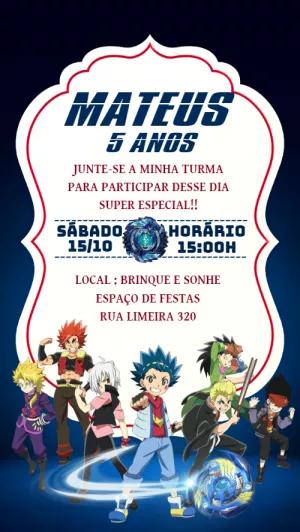 Convite Aniversário Beyblade com Personagens para Editar Online