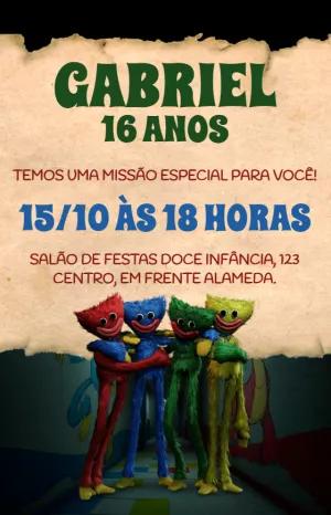 Convite de Aniversário Poppy Playtime com Huggy Wuggy para Editar