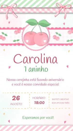 Convite de Aniversário Tema Cerejinha para Editar Online