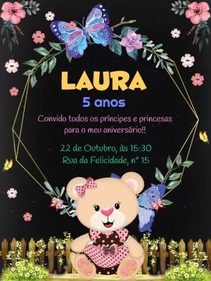 Convite de Aniversário Ursinha e Borboletas para Editar Online