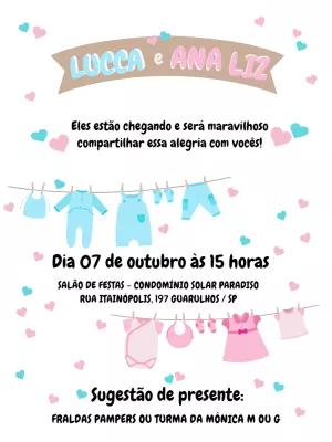 Convite Chá de Bebê Gêmeos Varal de Roupas para Editar Online
