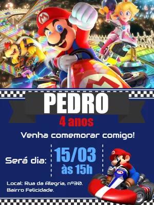 Convite de Aniversário Mario Kart com Personagens para Editar