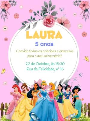 Convite Aniversário Princesas Disney para Editar Online