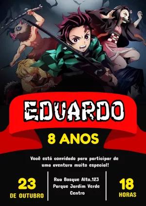 Convite de Aniversário Demon Slayer com Personagens para Editar