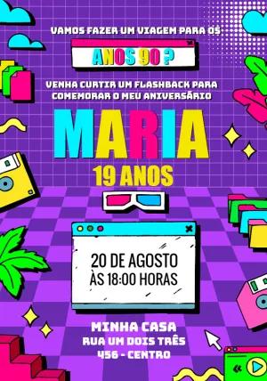 Convite de Aniversário Anos 90 Retrô para Editar Online