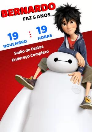 Convite de Aniversário Big Hero com Personagens para Editar
