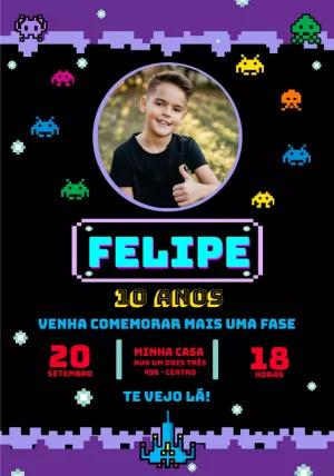 Convite Aniversário Space Invaders com Foto para Editar