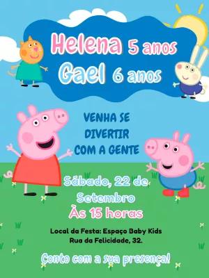 Convite Aniversário Duplo Peppa Pig e George para Editar Online