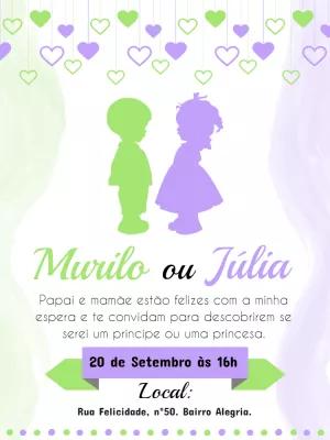 Convite Chá Revelação Silhuetas Verde e Lilás para Editar