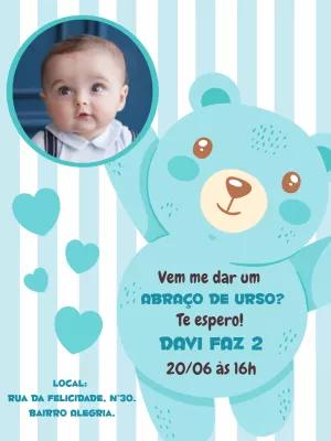 Convite de Aniversário Ursinho com Foto para Editar Online