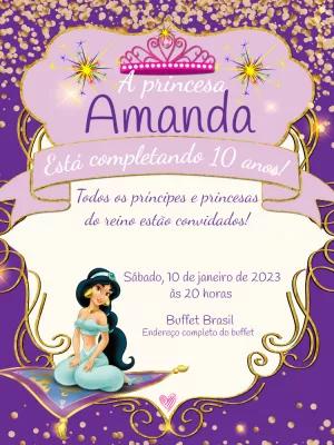 Convite de Aniversário Princesa Jasmine para Editar Online