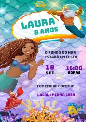 Convite Aniversário Pequena Sereia com Personagens para Editar