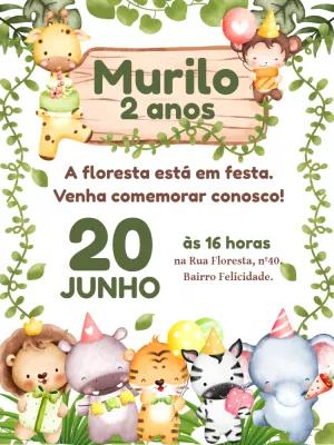 Convite Aniversário Safari com Animais Fofos para Editar