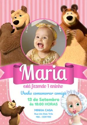 Convite Aniversário Masha e Urso Baby com Foto para Editar