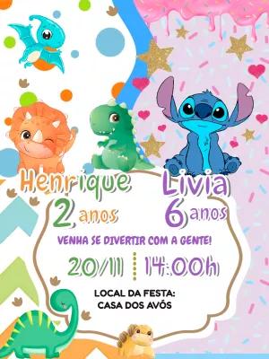 Convite Aniversário Duplo Dinossauro e Stitch para Editar Online