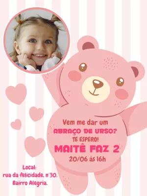 Convite de Aniversário Ursinho Rosa com Foto para Editar Online