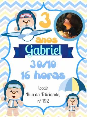 Convite Aniversário Ursinho Aviador com Foto para Editar Online