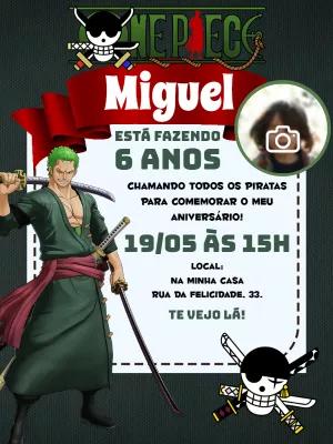Convite Aniversário One Piece Zoro com Foto para Editar Online