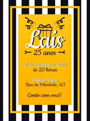 Convite de Aniversário Listrado Preto e Amarelo para Editar