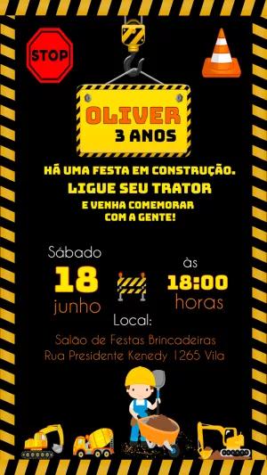 Convite de Aniversário Construção Editável com Tratores
