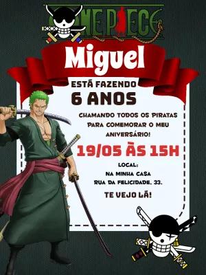 Convite de Aniversário One Piece com Zoro para Editar Online
