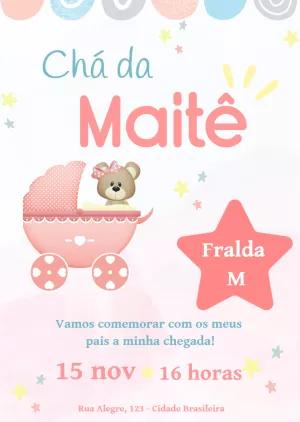 Convite Chá de Bebê Ursinha Rosa no Carrinho para Editar