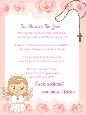 Convite Editável para Padrinhos de Batismo com Anjinha Rosa