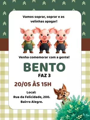 Convite Aniversário Três Porquinhos para Editar Online