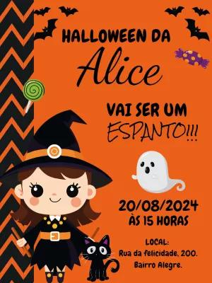 Convite Aniversário Halloween Bruxinha para Editar Online