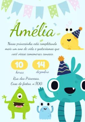 Convite Aniversário Monstrinhos Coloridos para Editar Online