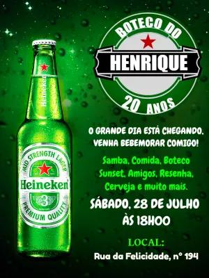Convite de Aniversário Heineken Estilo Boteco para Editar