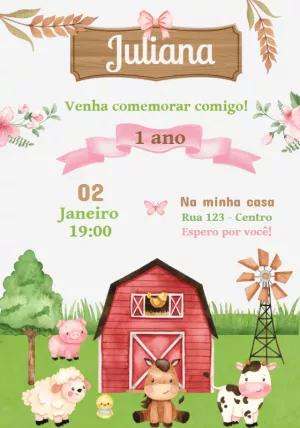 Convite de Aniversário Fazendinha Rosa para Editar Online