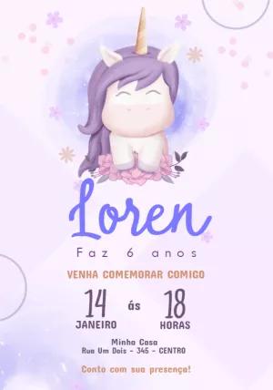 Convite de Aniversário Unicórnio Fofo para Editar Online