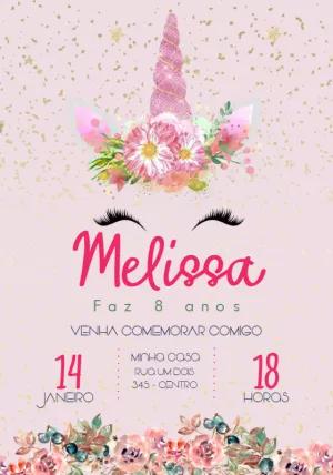 Convite Aniversário Unicórnio Floral com Glitter para Editar
