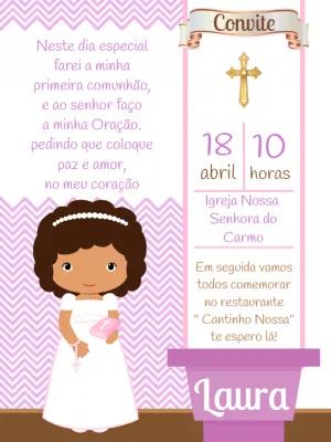 Convite Primeira Comunhão Menina Morena para Editar Online