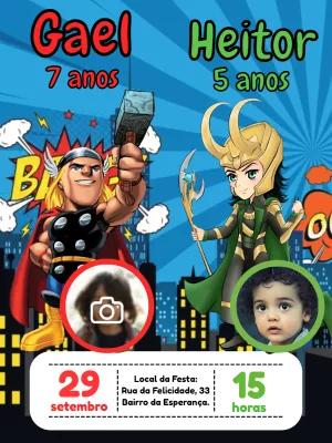 Convite Aniversário Duplo Thor e Loki com Foto para Editar