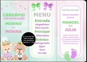 Menu Tríptico Chá Revelação Ursinhos para Editar Online
