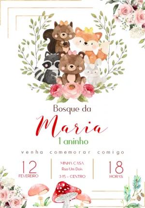 Convite de Aniversário Bosque Encantado com Animais para Editar