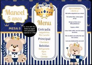 Cardápio Festa Ursinho Príncipe Realeza para Editar Online