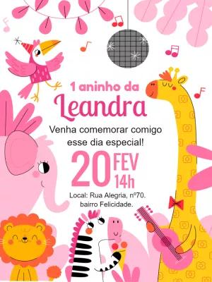 Convite Aniversário Safari Rosa com Animais para Editar Online