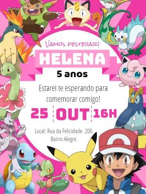 Convite Aniversário Pokémon Rosa para Menina Editável Online