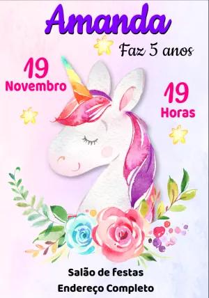 Convite de Aniversário Unicórnio Aquarela para Editar Online
