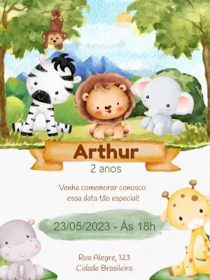 Convite Aniversário Safari Baby Aquarela para Editar Online