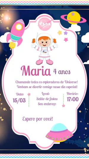 Convite de Aniversário Astronauta Menina para Editar Online