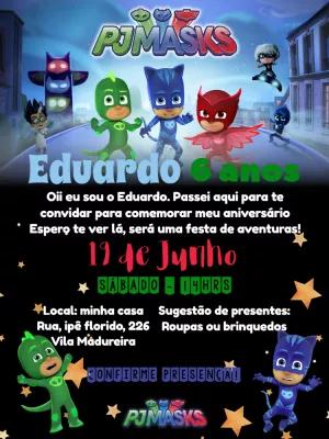 Convite de Aniversário PJ Masks Editável com os Heróis