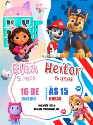 Convite Aniversário Duplo Gabby e Patrulha Canina para Editar